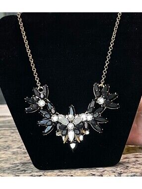 J Crew Black White Sparkle Statement Necklace Gold Tone